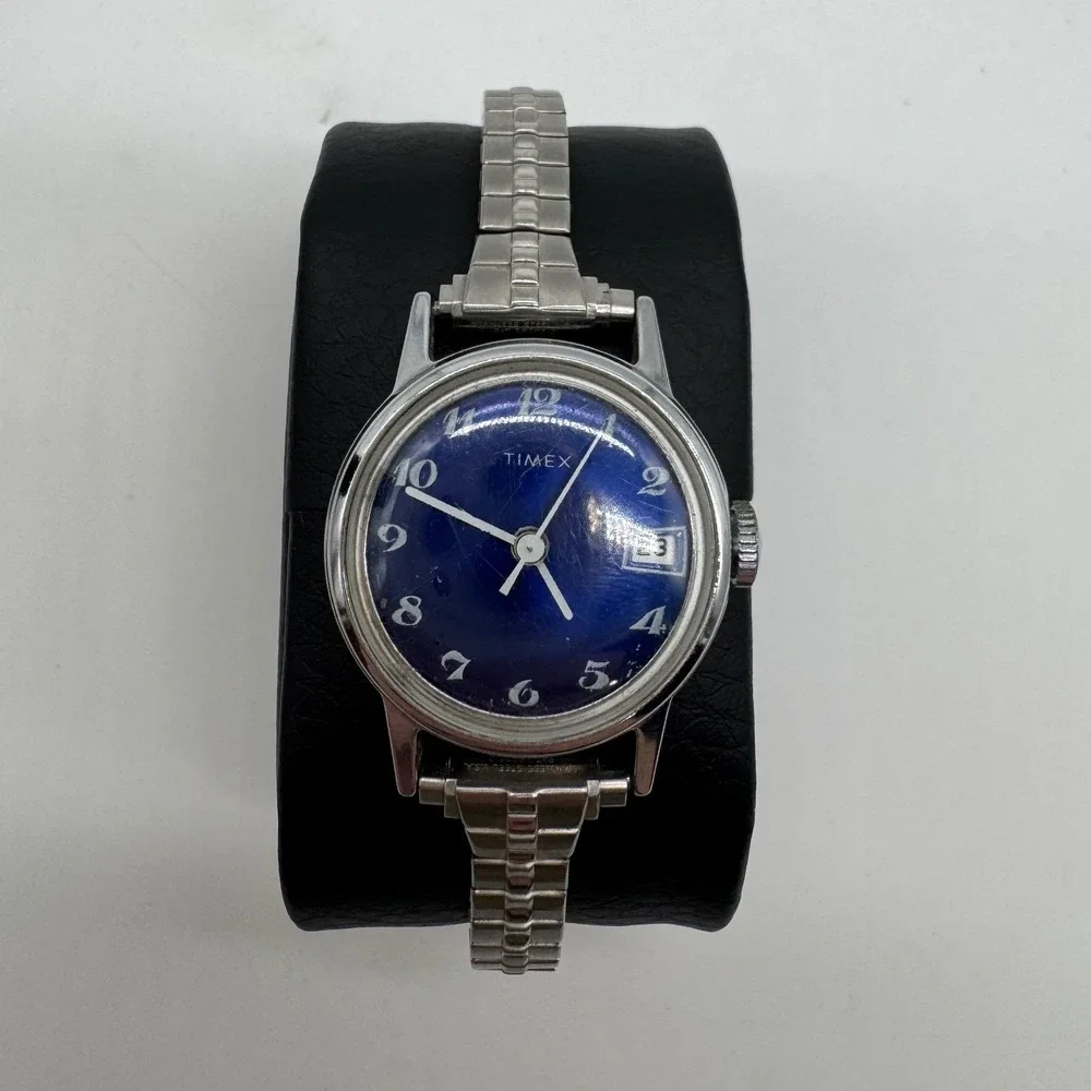 Vintage Timex Blue Dial Manual Wind Date Watch Speidel Band for Parts Repair
